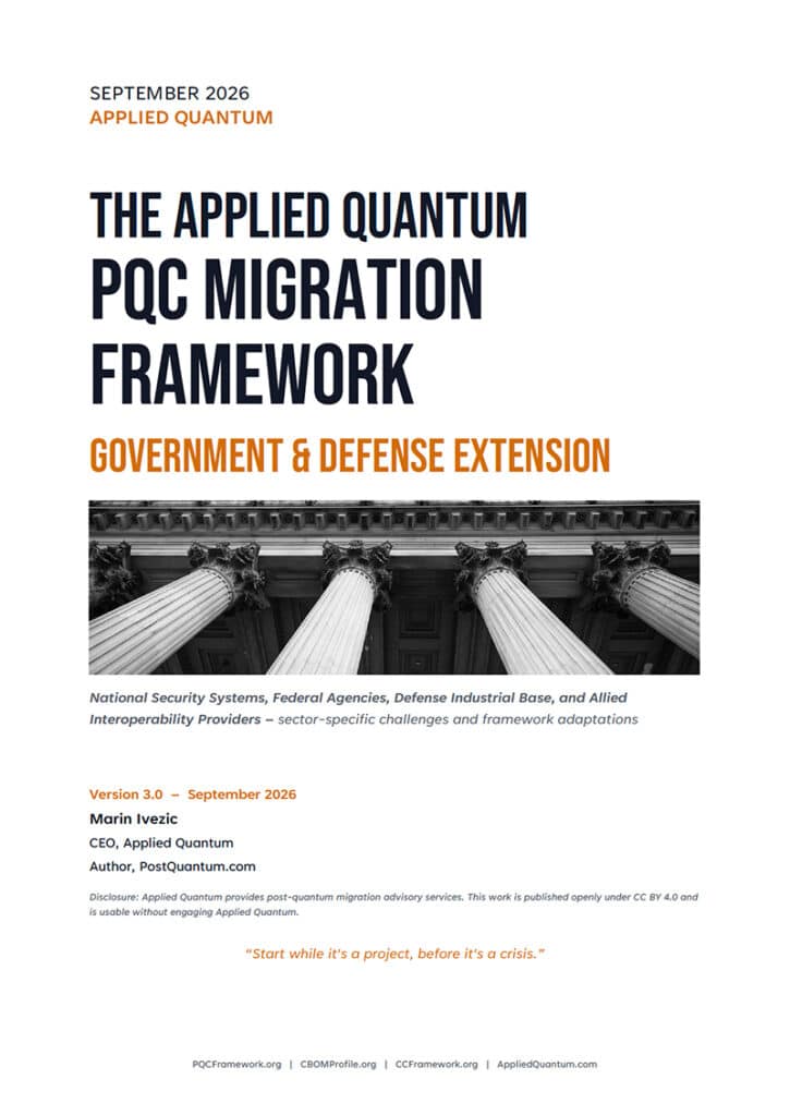 Cover of the Applied Quantum PQC Migration Framework v3.0 Government and Defense Extension (PDF download)