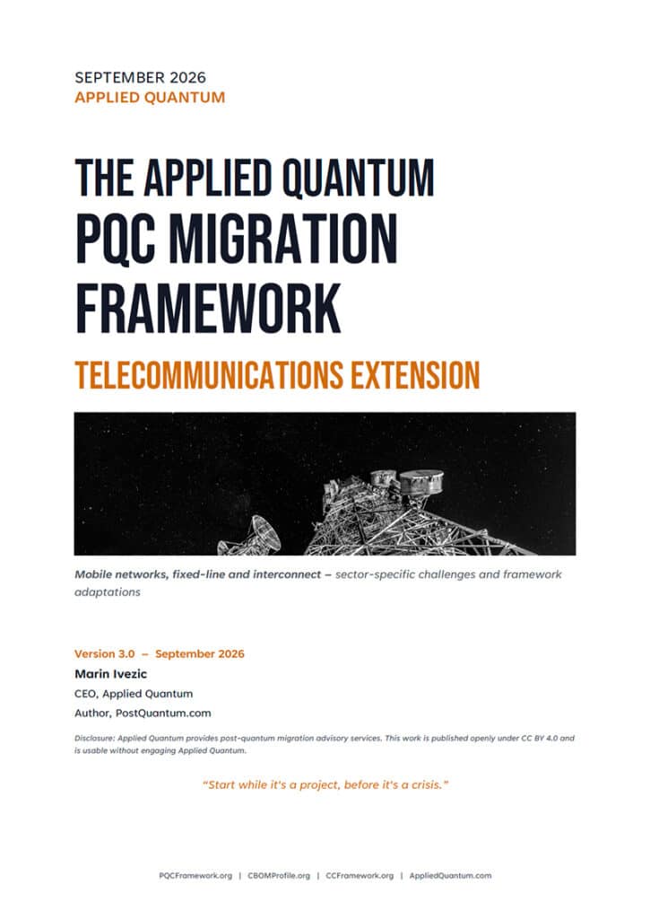 Cover of the Applied Quantum PQC Migration Framework v3.0 Telecommunications Extension (PDF download)