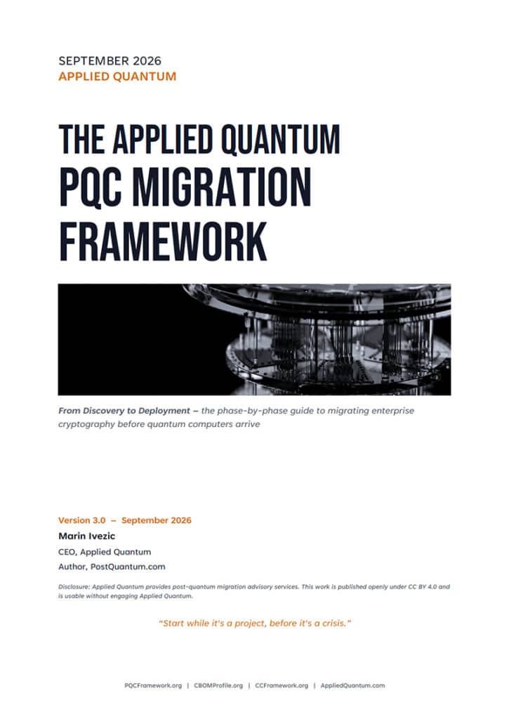 Cover of the Applied Quantum PQC Migration Framework v3.0, Universal edition (PDF download)