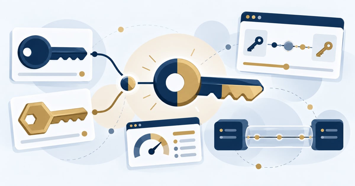 Hybrid Cryptographic Implementations: navy and gold keys joined into one combined key, with a performance gauge