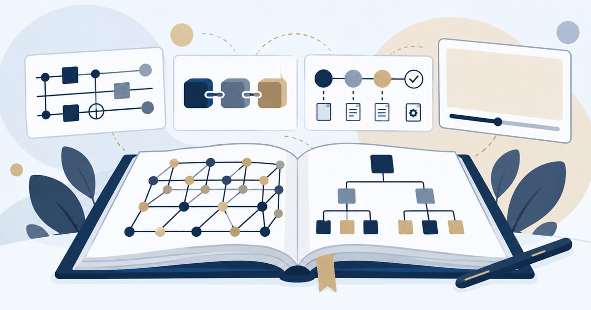 Post-Quantum Foundation: open book with lattice and tree diagrams, beside quantum circuit and algorithm windows