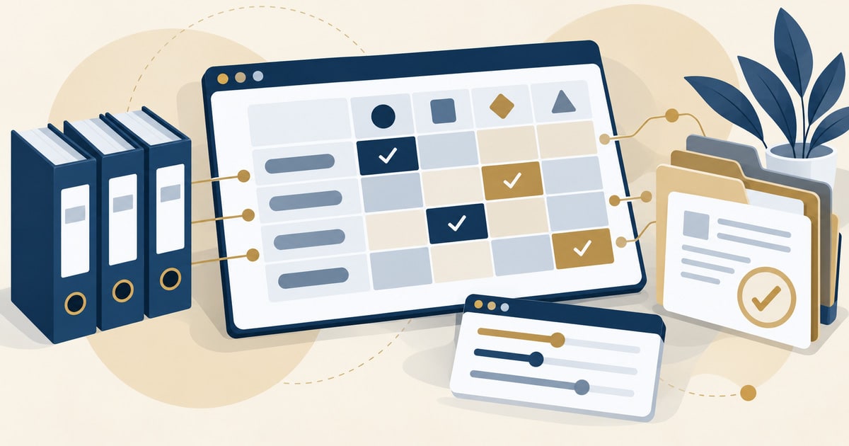 PQC for GRC Professionals: compliance binders, a control-mapping matrix with check marks and evidence folders