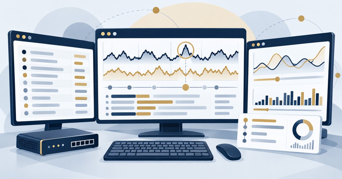 PQC for the SOC: security operations monitors with alert timelines and two parallel traffic streams, one event flagged