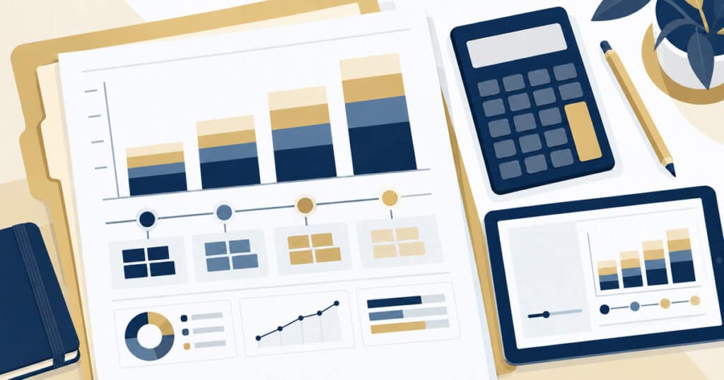 Building the business case for PQC migration: desk with a bar-chart report, calculator, tablet and budget folder
