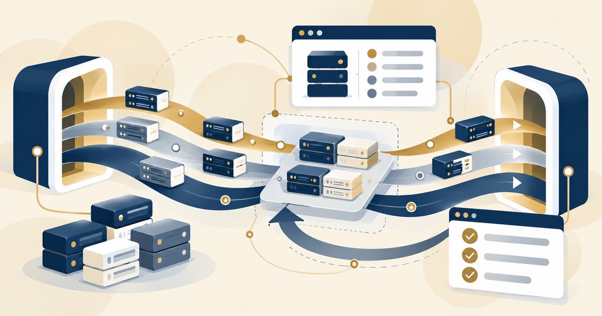 Executing PQC migration waves: servers moving on waves through gates from staging to production, with a rollback arrow