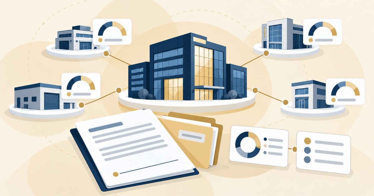 PQC Vendor Governance and Supply Chain: head office linked to supplier buildings with readiness gauges and a contract