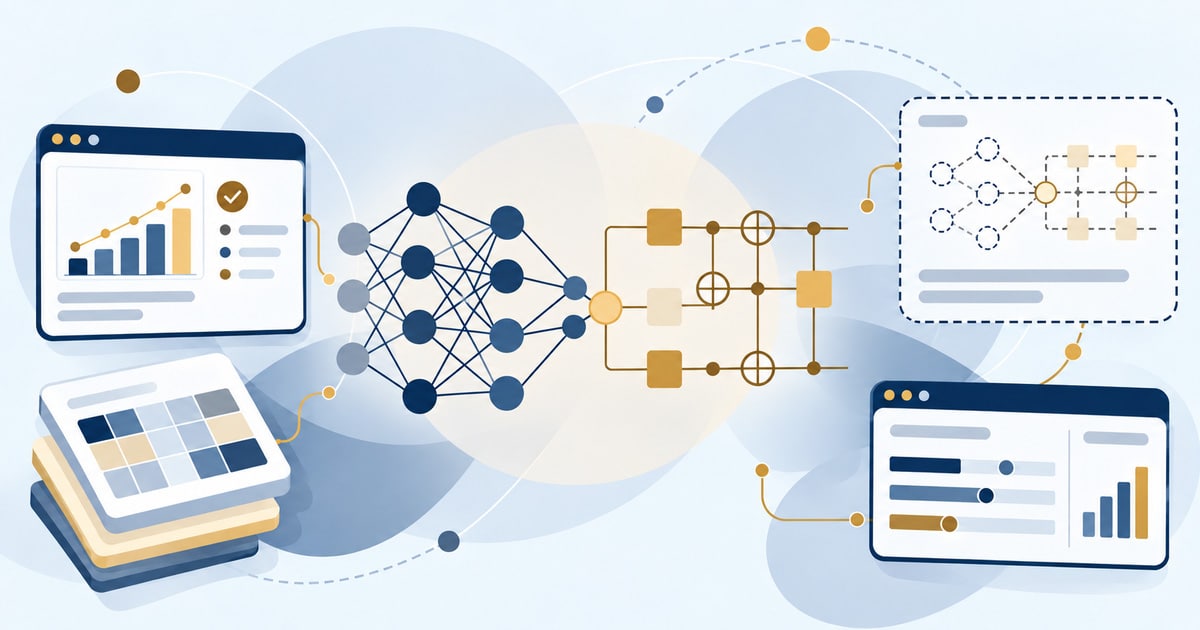 Quantum AI for Executives: neural network linked to a quantum circuit, with speculative results in dashed outline