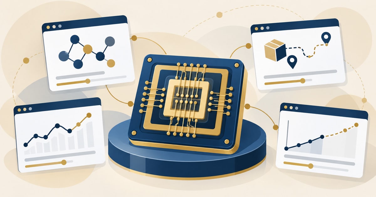 Quantum Computing for Executives: quantum processor on a pedestal, with business use-case cards and roadmap charts