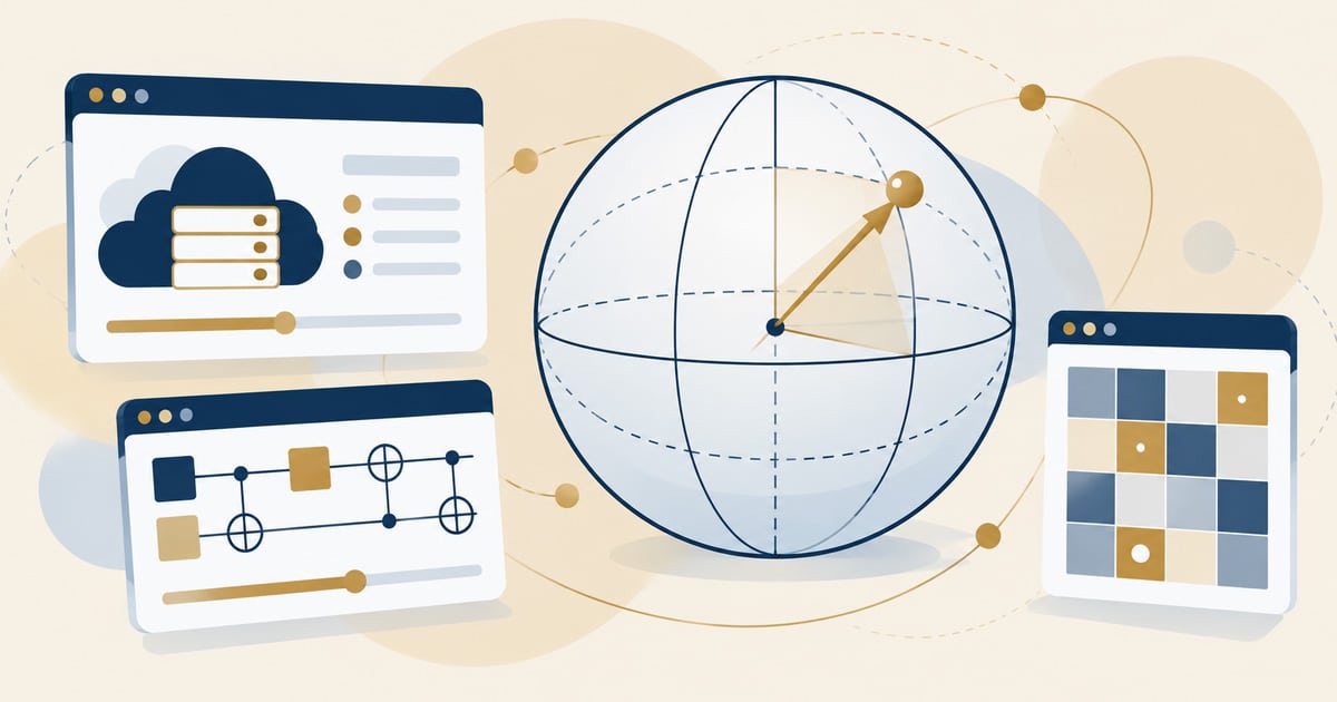 Quantum Computing Fundamentals: Bloch sphere, a quantum gate circuit, an error-correction grid and cloud access