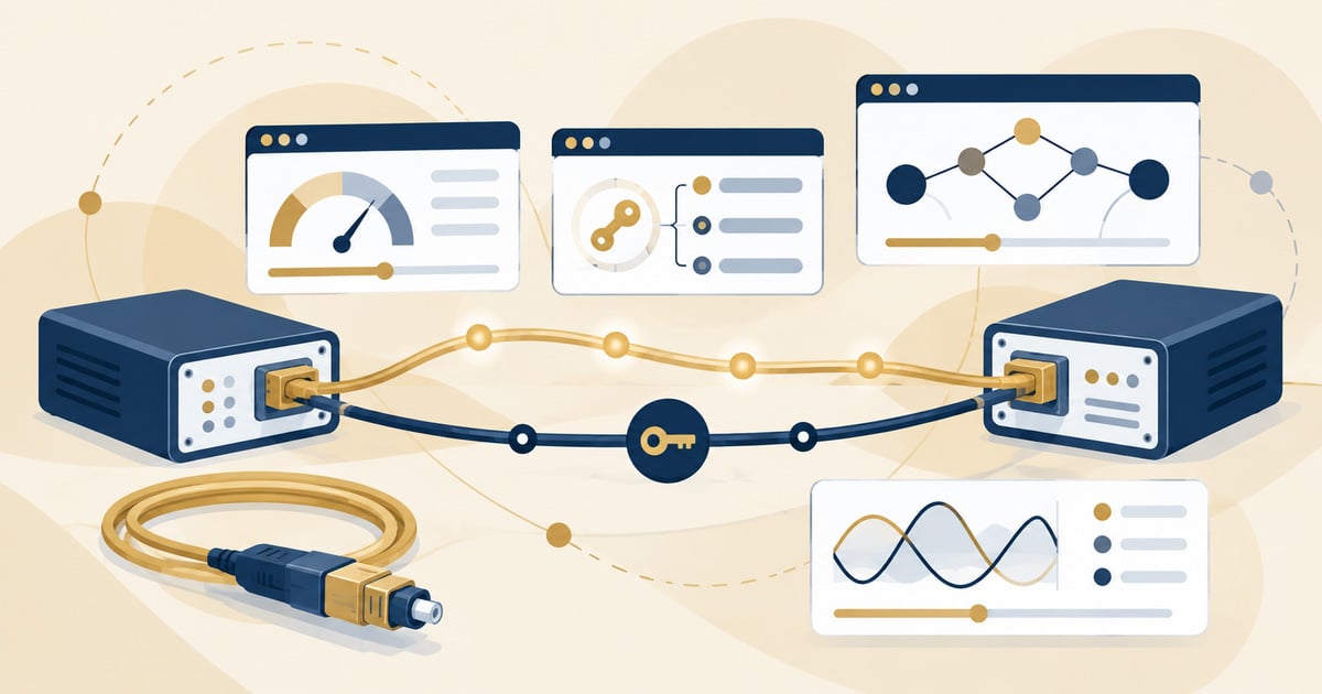 Quantum Networking and QKD Essentials: two endpoints linked by a fiber carrying photons and a shared key