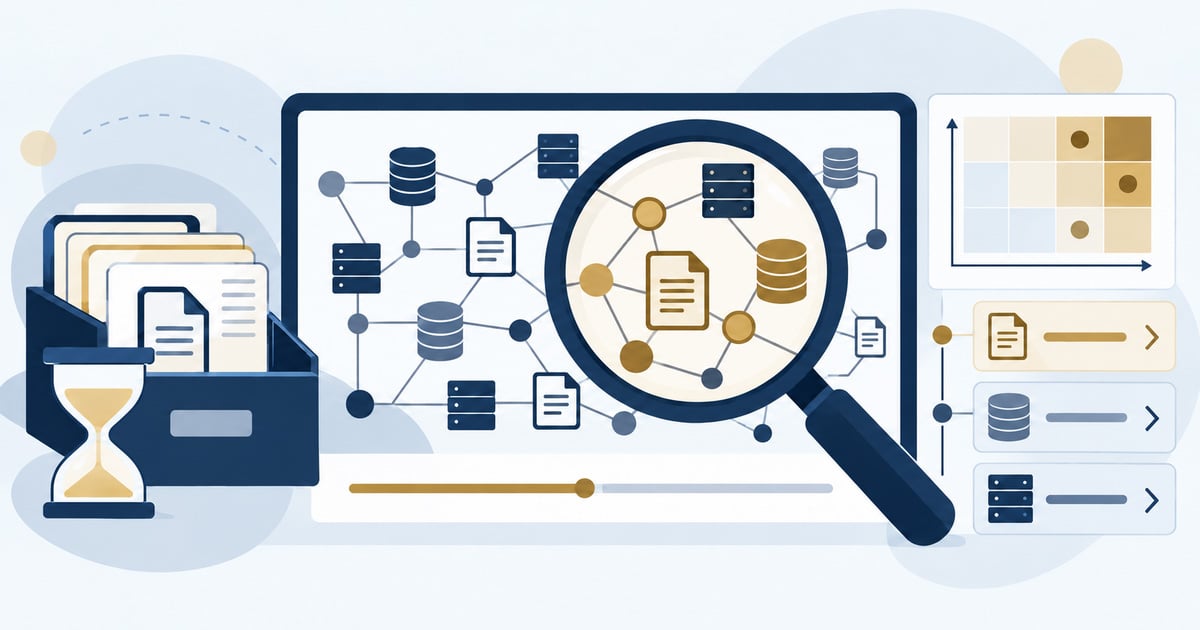 Quantum Risk for CISOs: magnifier over a network of data stores, with an hourglass, risk heat map and priority list