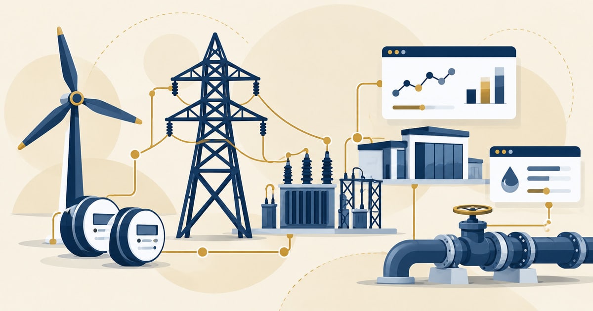 Quantum-Safe Energy and Utilities: wind turbine, transmission tower, substation, smart meters and a water main