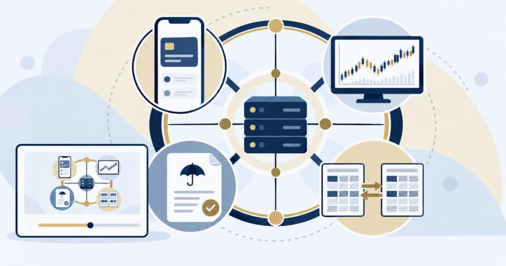 Quantum-Safe Financial Services: central servers linked to a banking app, trading screen, insurance policy and ledgers