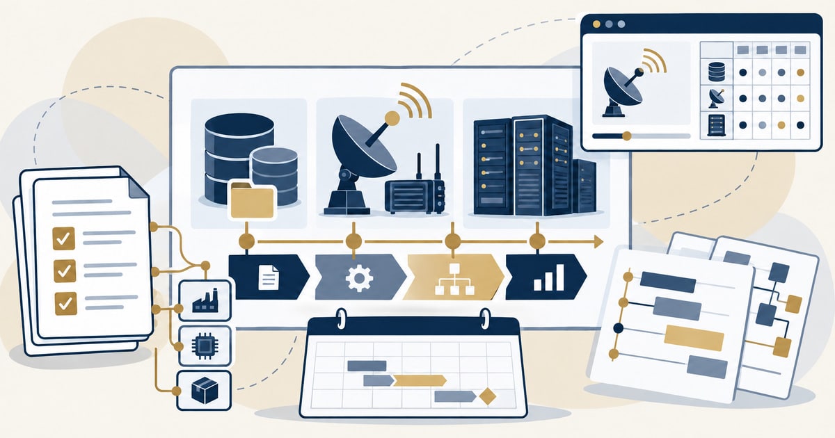 Quantum-Safe Government and Defense: data stores, satellite dish and servers above a phased migration timeline