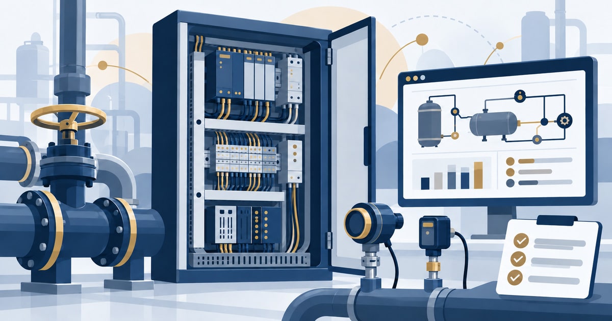 Quantum-Safe OT and Critical Infrastructure: control cabinet, pipework and valve, a SCADA screen and field devices