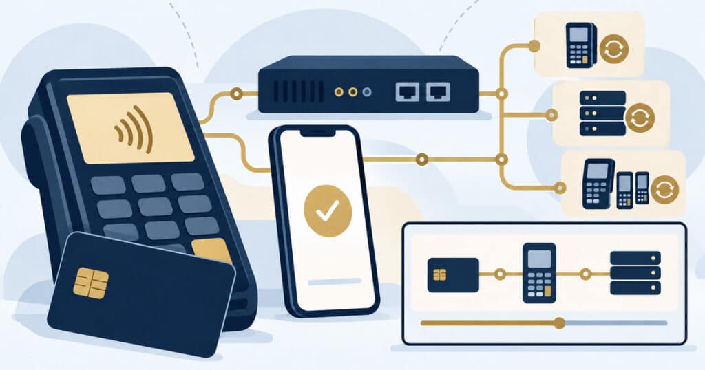 Quantum-Safe Payments: payment terminal, chip card and smartphone linked through an HSM to processing servers