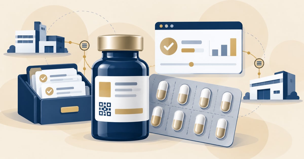 Quantum-Safe Pharma Intensive: medicine vial with a serialization code, blister pack, records archive and partner sites