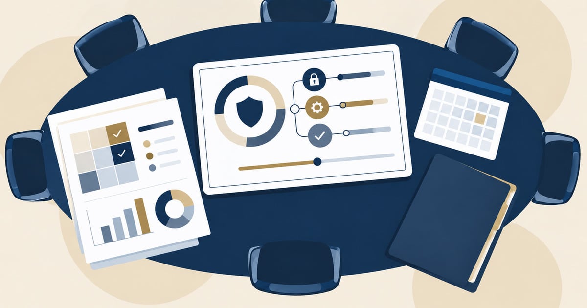 Quantum Security for Boards: boardroom table with a security dashboard, risk heat map report and calendar