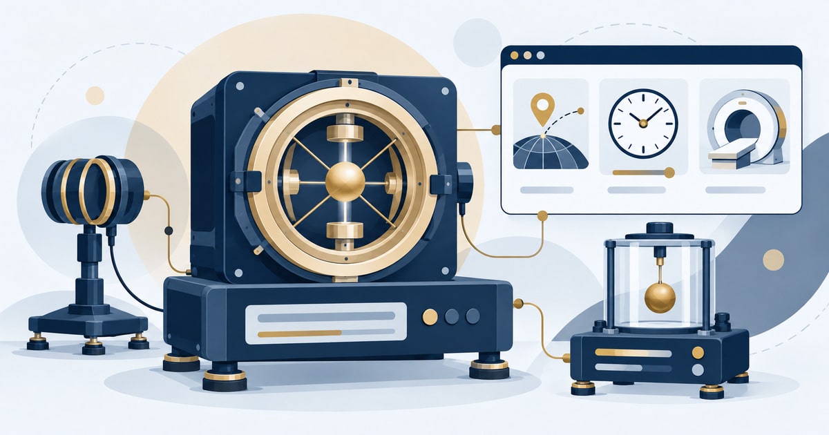 Quantum Sensing Fundamentals: atomic clock, coil magnetometer and gravimeter, with navigation, timing and medical icons