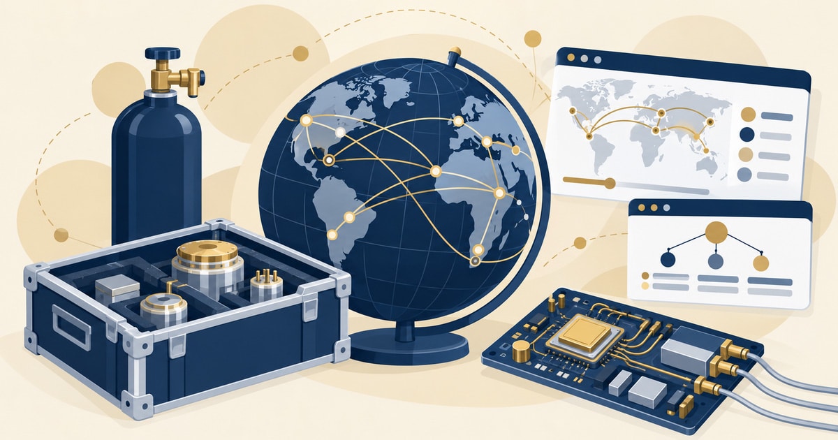 Quantum Supply Chains and Geopolitics: globe with trade routes, helium-3 cylinder, cryogenic parts and electronics