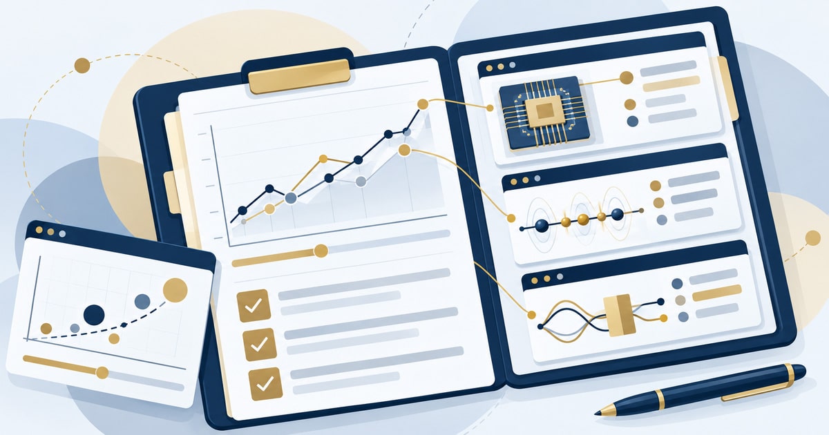 Quantum Technology for Investors: portfolio with a market chart, hardware company cards and a due-diligence checklist